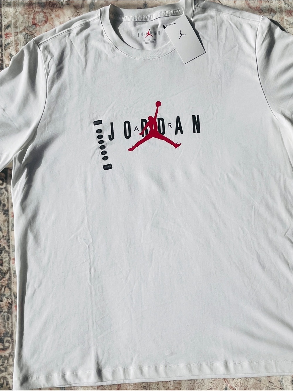 Jordan White Short-Sleeve Tee with Red Jumpman and Black Lettering
